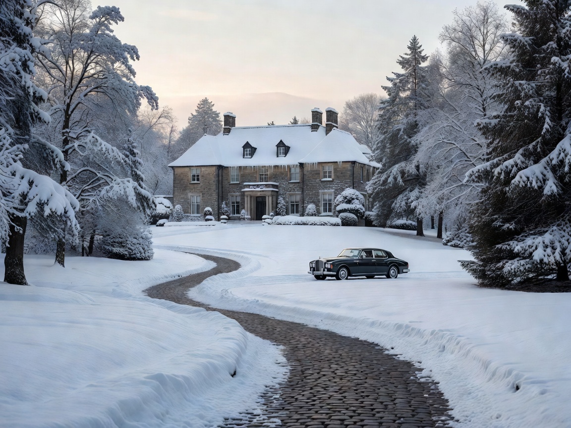 Calm snow-covered rural landscape emphasizing quiet luxury