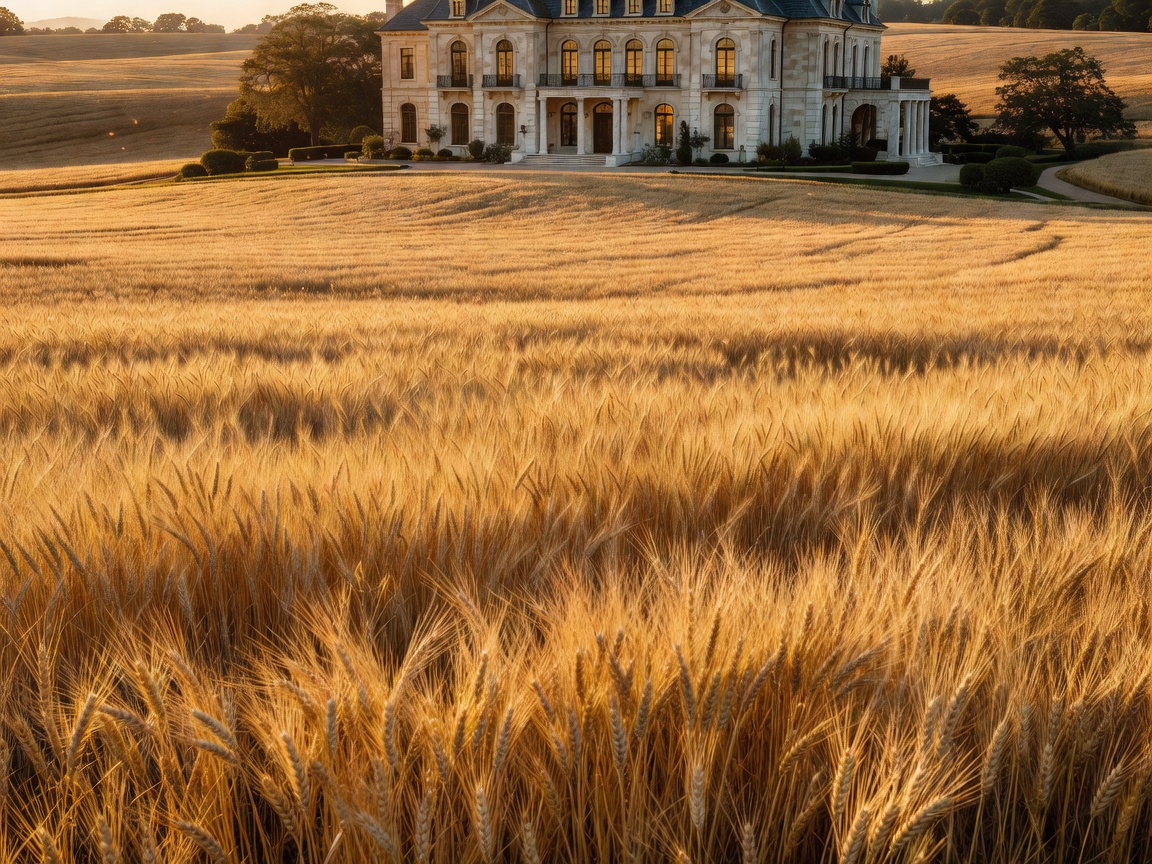 Cinematic view of golden wheat fields stretching toward a luxury estate