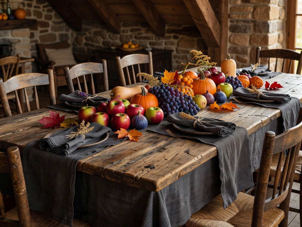 Luxury rustic harvest dining table set with premium linens and fresh autumn produce