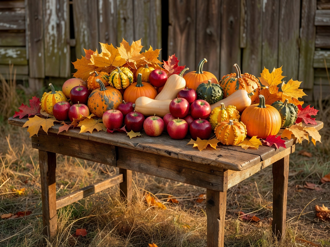 Rustic harvest table filled with autumn produce and golden leaves