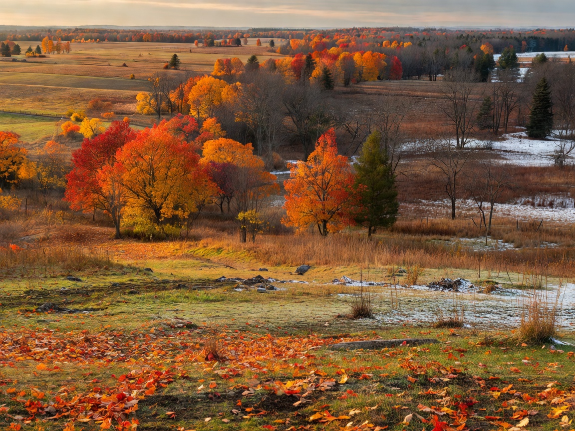 Time-lapse style countryside field showing transitioning seasonal colors
